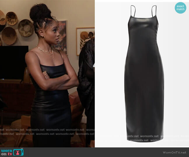 Stand Studio Sarai faux-leather midi dress worn by Simone (Geffri Hightower) on All American Homecoming