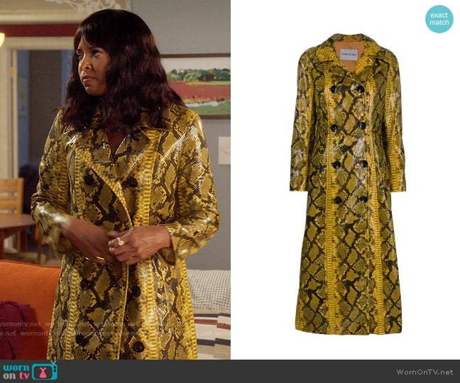 Stand Studio Snake print double-breasted coat worn by Wickie Roy (Renée Elise Goldsberry) on Girls5eva