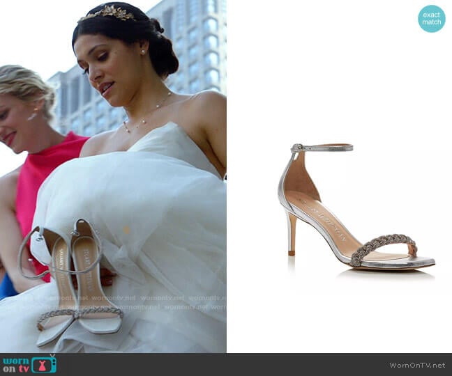 Stuart Weitzman Nudist Curve Braided Sandals worn by Stella Kidd (Miranda Rae Mayo) on Chicago Fire