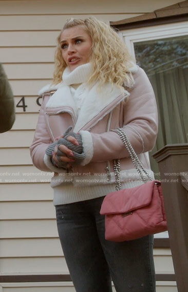 Summer’s blush pink leather jacket with fur trim on Girls5eva