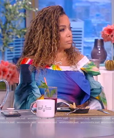 Sunny’s tie dye off shoulder top on The View