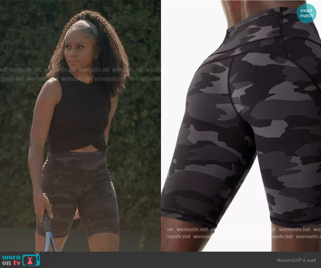 Sweaty Betty Black Tonal Camo Print Biker Shorts worn by Simone (Geffri Hightower) on All American Homecoming