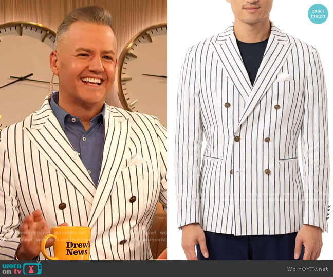 Tallia Slim-Fit Navy Blue/White Vertical Stripe Double-Breasted Sport Coat worn by Ross Mathews on The Drew Barrymore Show