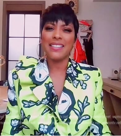 Tamron’s yellow floral print ruffle blazer on Tamron Hall Show