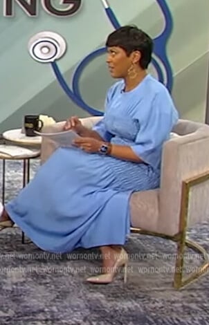 Tamron’s blue smocked dress on Tamron Hall Show