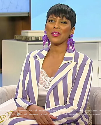Tamron’s purple striped blazer and pants on Tamron Hall Show