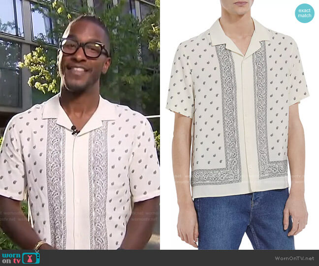 The Kooples Relaxed Fit Bandana Print Short Sleeve Camp Shirt worn by Scott Evans on Access Hollywood