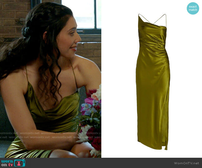 The Sei Ruched Silk Dress in Moss worn by Violet Mikami (Hanako Greensmith) on Chicago Fire