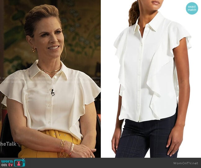 Theory Ruffle Sleeve Silk Blouse worn by Natalie Morales on The Talk