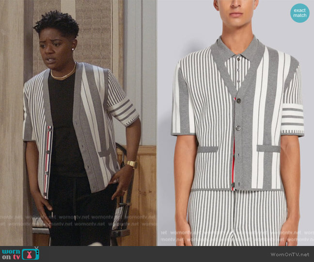 Thom Browne Light Grey Fun-Mix Seersucker Jacquard and Stripe Cardigan worn by Tamia Cooper (Bre Z) on All American