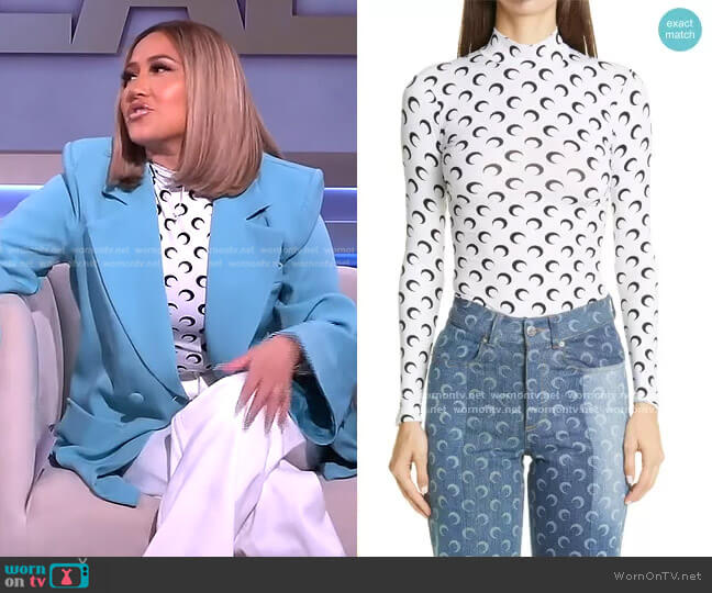 Marine Serre Fitted Moon Print Mock Neck Top worn by Adrienne Houghton on The Real