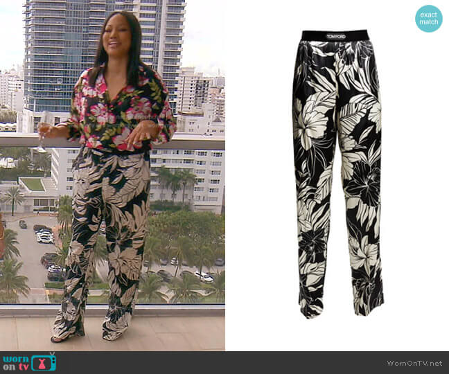 Tom Ford Hibiscus-Print Silk Pajama Pants worn by Garcelle Beauvais on The Real Housewives of Beverly Hills
