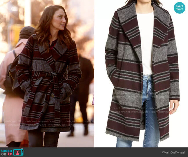 Treasure & Bond Belted Blanket Wrap Coat in Grey Burgundy Stripe worn by Dawn Solano (Sara Bareilles) on Girls5eva