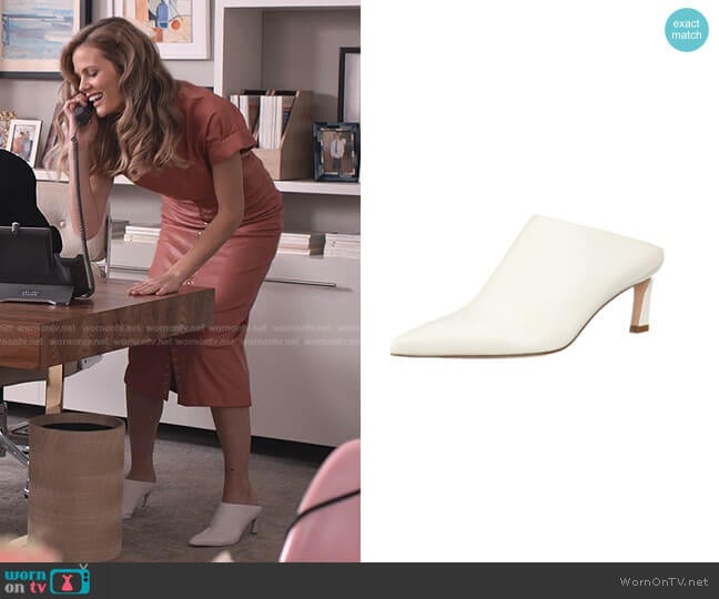 Stuart Weitzman Mira Pointed Toe High-Heel Mules worn by Mallory (Brooklyn Decker) on Grace and Frankie
