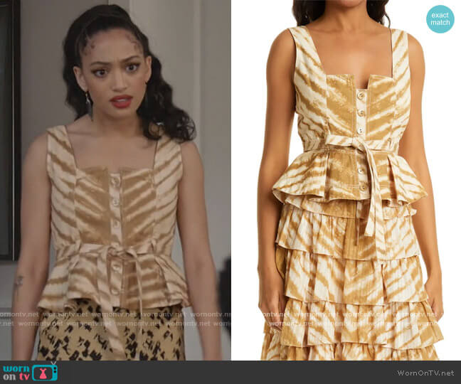 Ulla Johnson Denia Tie Dye Cotton Peplum Top worn by Olivia Baker (Samantha Logan) on All American
