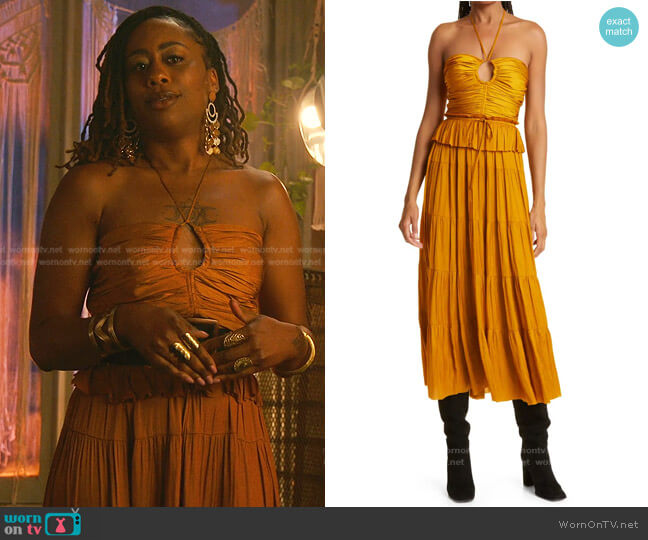 Ulla Johnson Evanthe Halter Neck Midi Dress worn by Malika Williams (Zuri Adele) on Good Trouble
