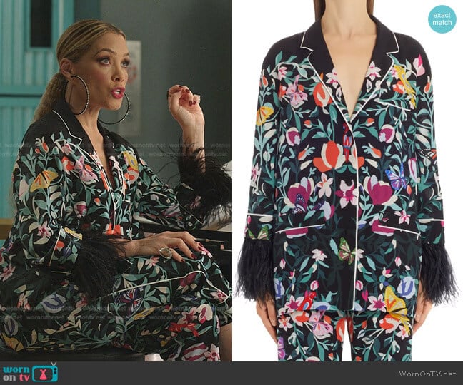 Valentino Floral Print Silk Top with Feather Trim Cuffs worn by Dominique Deveraux (Michael Michele) on Dynasty