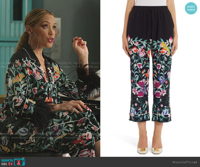 Valentino Flower Garden Print Silk Crêpe de Chine Pants worn by Dominique Deveraux (Michael Michele) on Dynasty