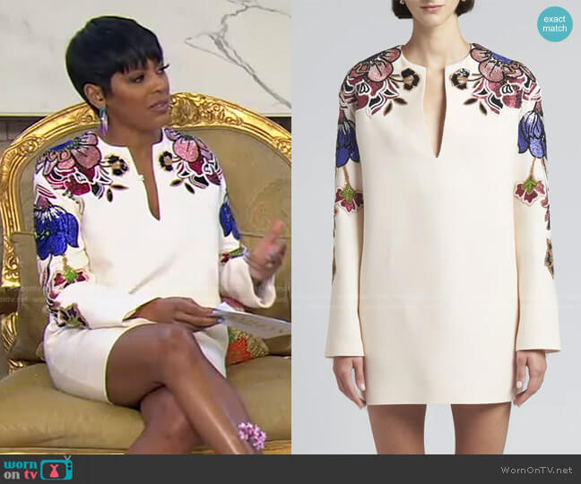 Valentino Hawaiian Floral-Embellished Crepe Mini Tunic Dress worn by Tamron Hall on Tamron Hall Show