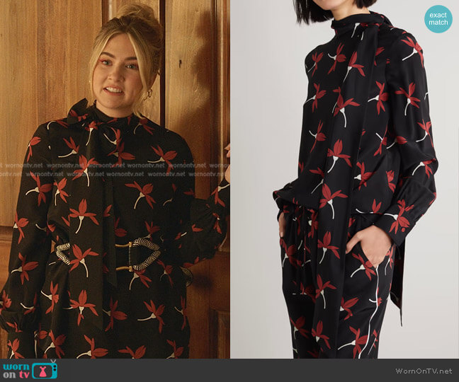Valentino Floral-Print Neck-Tie Blouse worn by Amanda Carrington (Eliza Bennett) on Dynasty