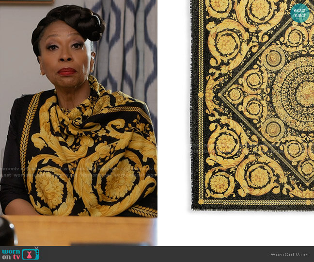 Versace Barocco Print Wool-Blend Scarf in Black/Gold worn by Patricia (Jenifer Lewis) on I Love That For You