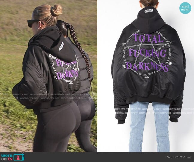 Vetements Total Darkness Embroidered Hooded Bomber worn by Khloe Kardashian (Khloe Kardashian) on The Kardashians