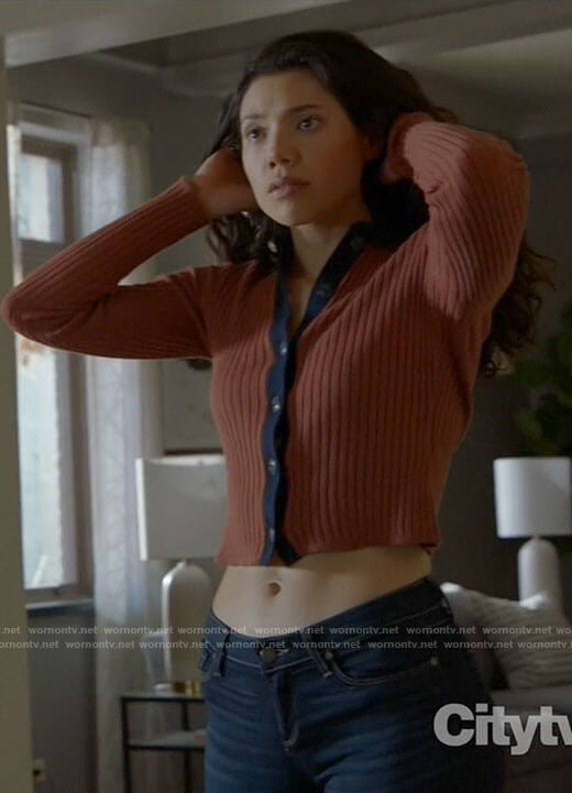 Violet’s rust brown cardigan with navy trim on Chicago Fire
