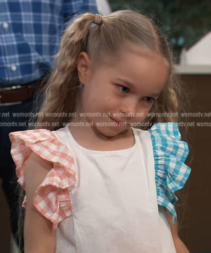 Violet’s white ruffle check sleeve top on General Hospital