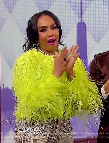 Vivica Fox’s lime feather jacket on The Wendy Williams Show