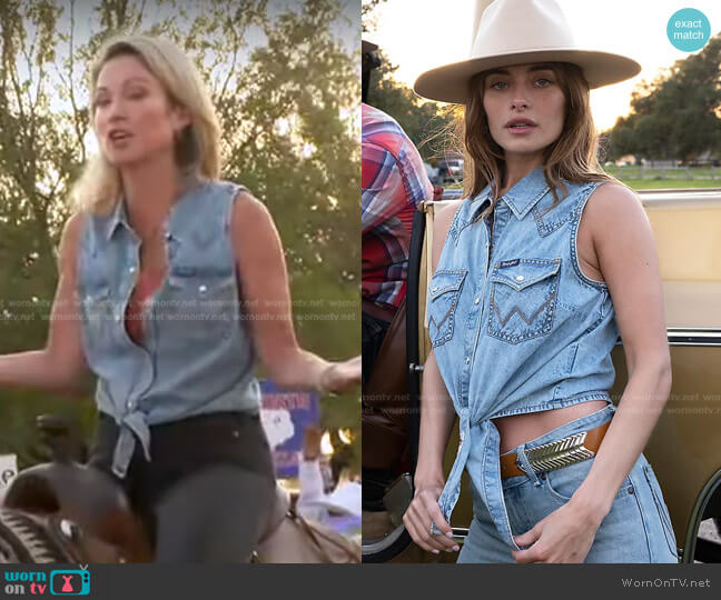 Wrangler Denim Sleeveless Tie Front Shirt worn by Amy Robach on Good Morning America