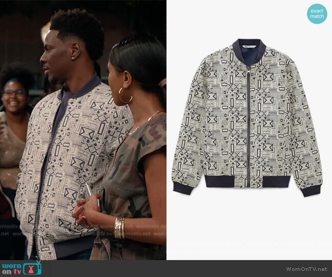 Zara Geometric Jacquard Bomber Jacket worn by Cam Watkin (Mitchell Edwards) on All American Homecoming