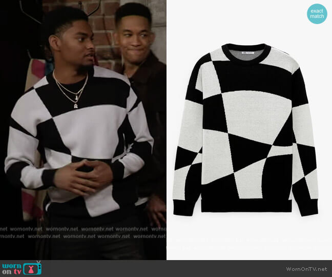 Zara Geometric Jacquard Sweater worn by JR (Sylvester Powell) on All American Homecoming