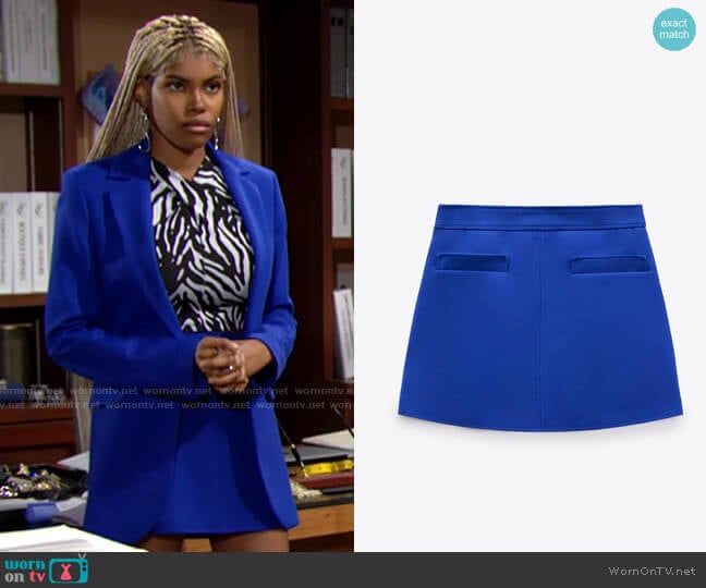 Zara Mini Skirt with Pockets in Ink Blue worn by Paris Buckingham (Diamond White) on The Bold and the Beautiful