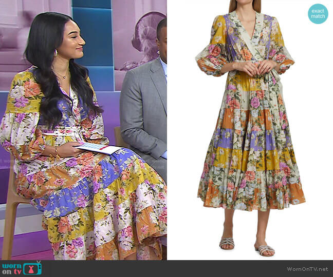 Zimmermann Pattie Patchwork Floral Cotton Wrap Midi-Dress