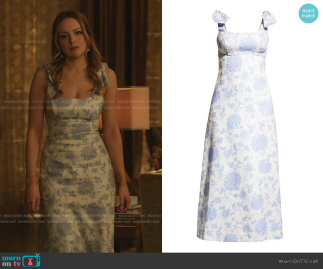 Zimmermann Postcard Tie Shoulder Midi Dress worn by Fallon Carrington (Elizabeth Gillies) on Dynasty