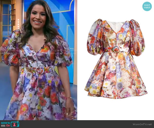 Zimmermann Prima Floral Puff Sleeve Belted Linen & Silk Minidress