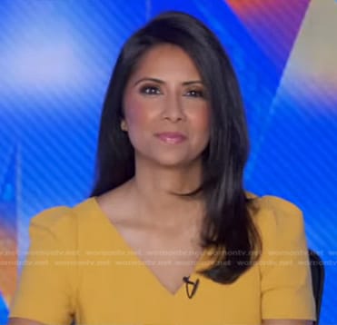 Zohreen Shah’s yellow v-neck dress on Good Morning America