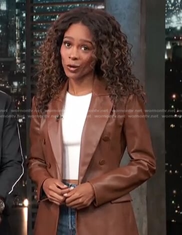 Zuri’s brown leather blazer on Access Hollywood