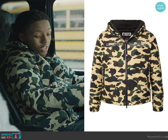 A Bathing Ape Camouflage-print Hooded Jacket worn by Jake (Michael Epps) on The Chi
