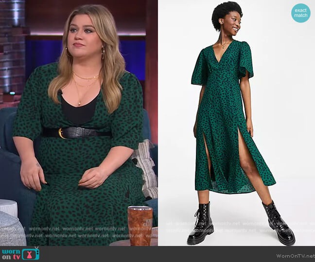 ASOS Angel Sleeve Midi Dress in green animal print worn by Kelly Clarkson on The Kelly Clarkson Show