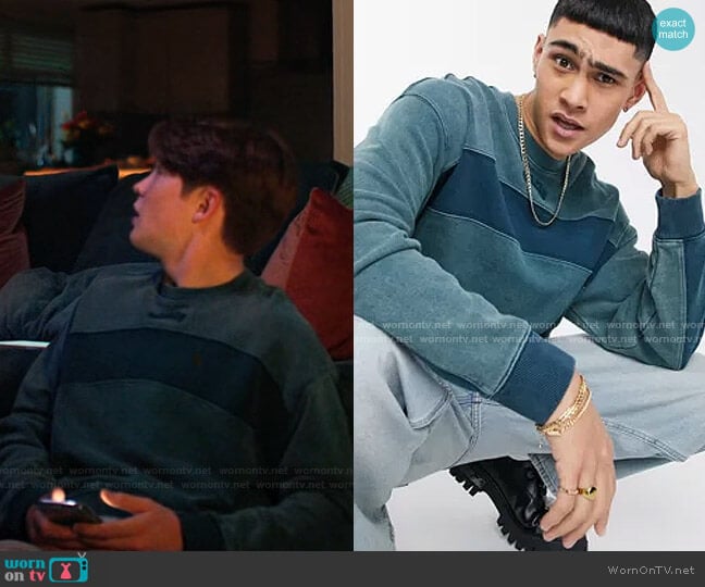 ASOS Design Oversized Sweatshirt with Green Acid Wash with Contrast Panel and City Print worn by Nick Nelson (Kit Connor) on Heartstopper