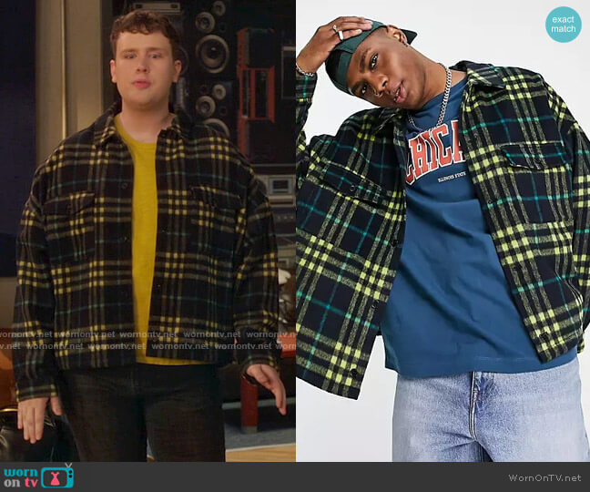 ASOS Design Oversized Western Wool Mix Shacket in Navy and Yellow Check worn by Tate (Grey Henson) on Girls5eva