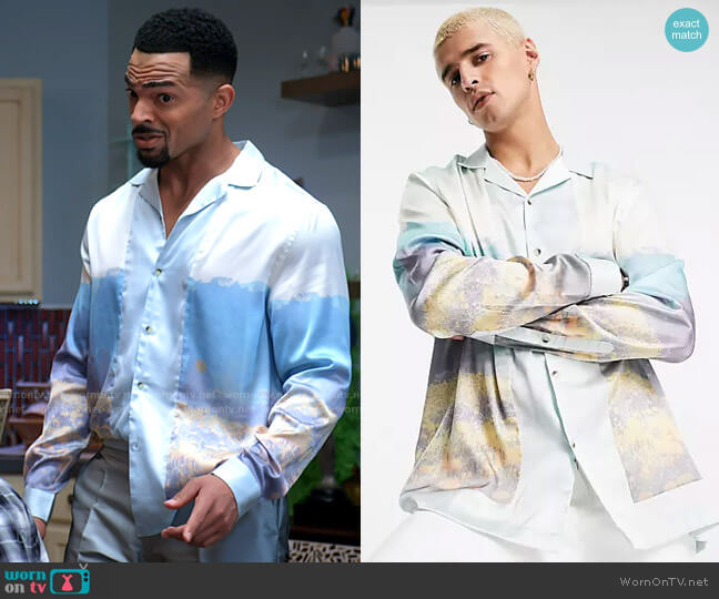 ASOS DESIGN Relaxed Revere Shirt with Scenic Print in Satin worn by Calvin Rodney (Anthony Dalton) on Tyler Perrys Sistas