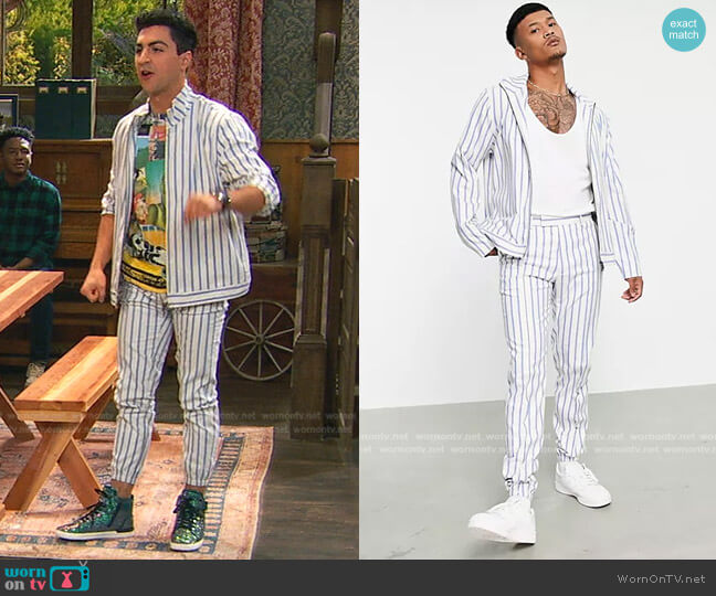 Asos Set Smart Track Jacket in White and Blue Stripe worn by Parker Preston (Trevor Tordjman) on Bunkd