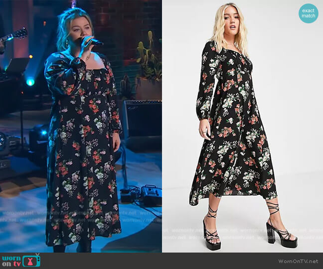 ASOS Square ruched neck midi dress in black floral print worn by Kelly Clarkson on The Kelly Clarkson Show