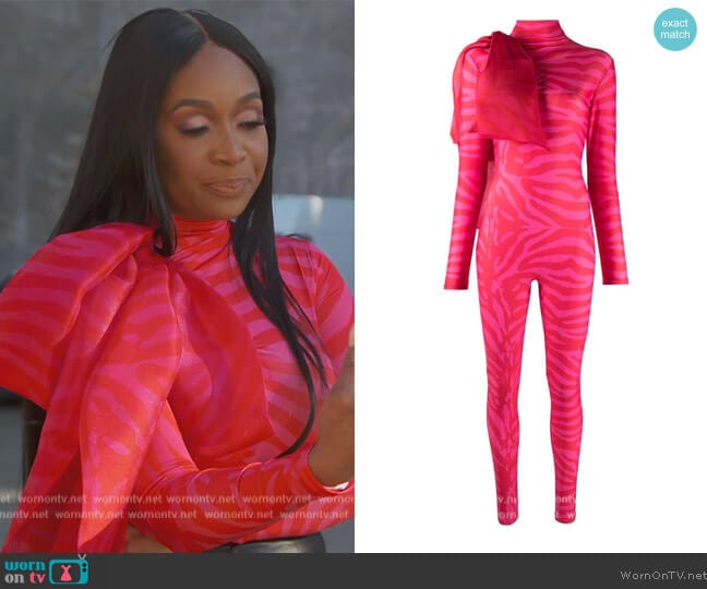 Atu Body Couture Tiger-print organza-bow catsuit worn by Marlo Hampton on The Real Housewives of Atlanta