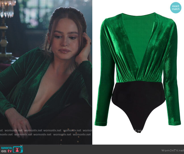 Alchemy Velvet plunge-neck bodysuit worn by Cheryl Blossom (Madelaine Petsch) on Riverdale