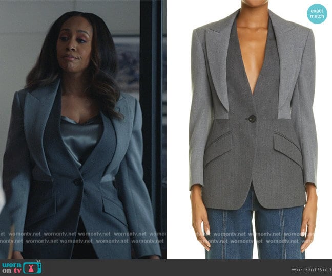 Alexander McQueen Trompe l'Oeil Wool Twill Jacket worn by Lola Carmichael (Simone Missick) on All Rise