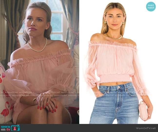 Alice + Olivia Caprina Off Shoulder Sleeve Crop Top worn by Elinor (Gracie Dzienny) on First Kill