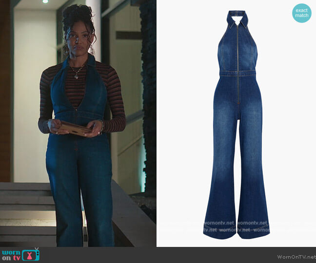 Alice + Olivia Gorgeous flared denim halterneck jumpsuit worn by Talia (Aubin Wise) on First Kill